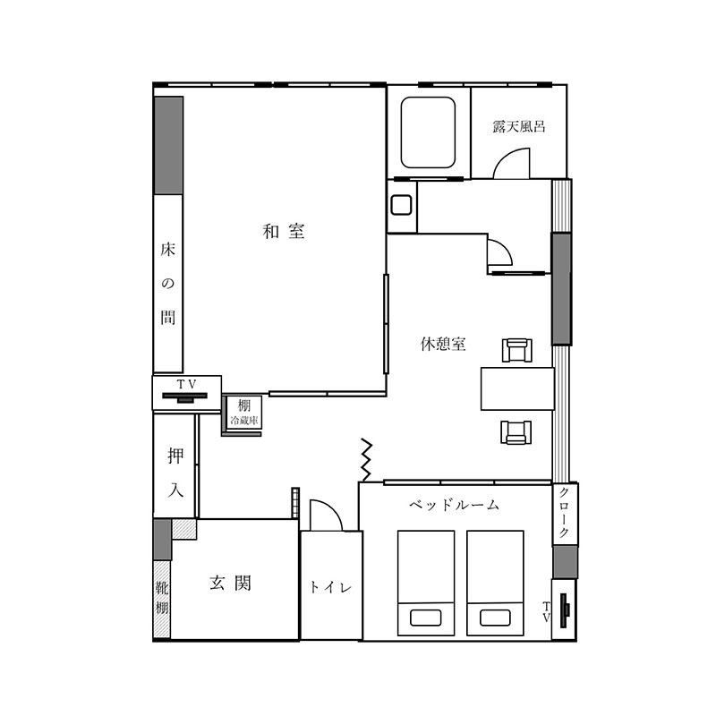 源泉かけ流し温泉露天風呂付客室 間取り図